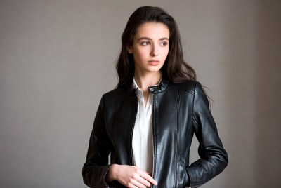Woman in black leather jacket