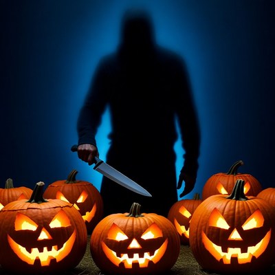 Silhouette man with knife and jack-o-lanterns