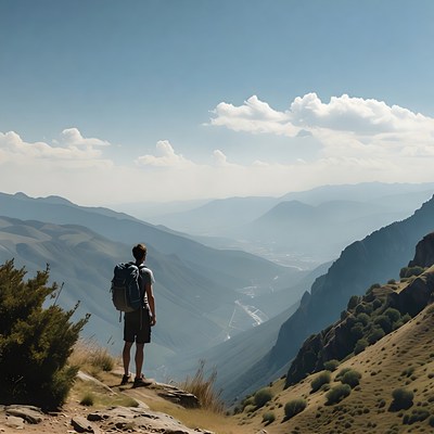 Man backpack gazing at mountains