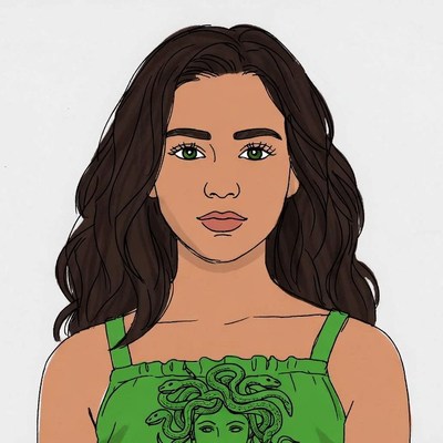 Girl in green Medusa dress