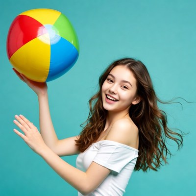 Girl holding colorful beach ball