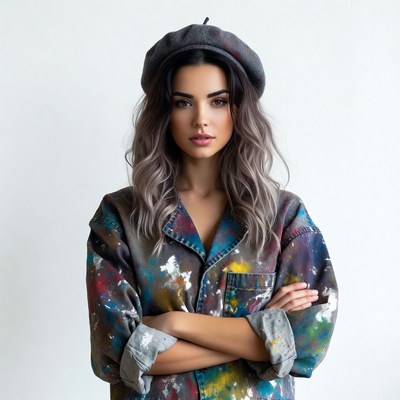 Woman in beret and paint-splattered shirt