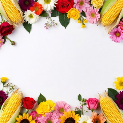 Corn and Flowers Border on White