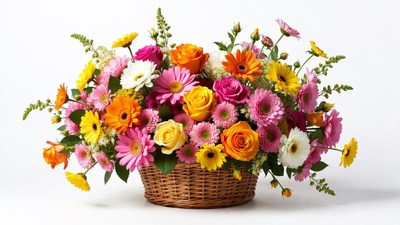 Colorful Flowers in Wicker Basket