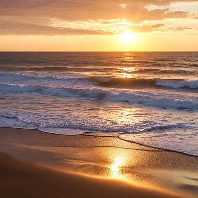 Sunset over ocean waves and beach