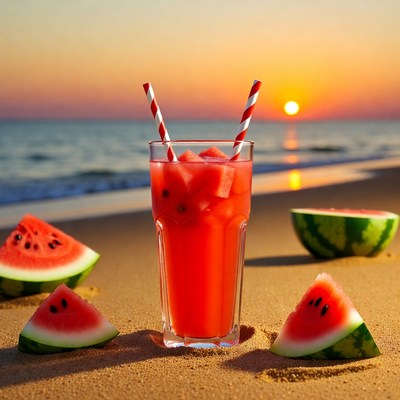 Watermelon Drink on Beach Sunset