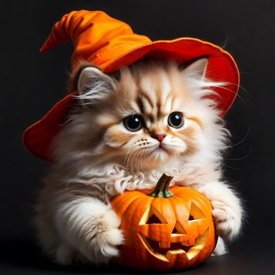 British Shorthair Kitten in Witch Hat Holding Pumpkin