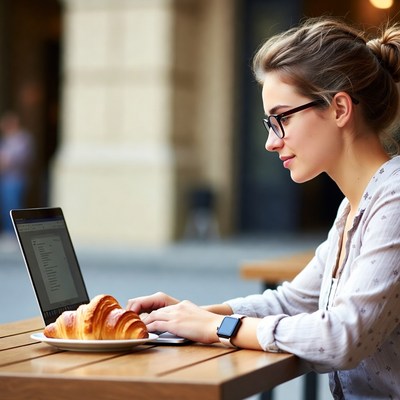 Woman working on laptop with croissant