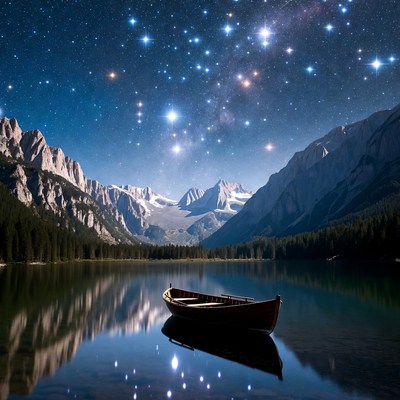 Rowboat on Lake Under Starry Mountains