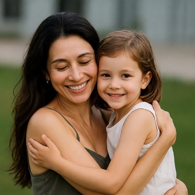 Mother hugging daughter outdoors