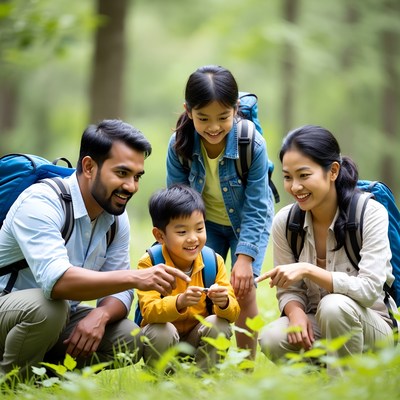 Asian family discovering plants in forest