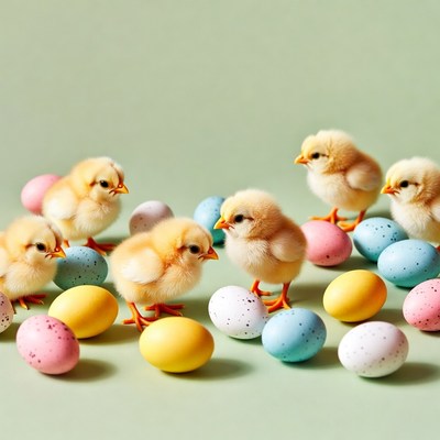 Cute chicks with colorful Easter eggs