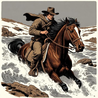 Cowboy riding horse through river