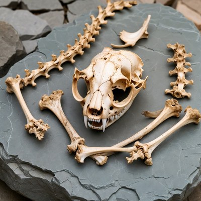 Disassembled Cat Skeleton on Stone
