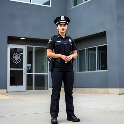 Latina policewoman standing in front of building