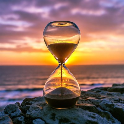 Hourglass on rocks at sunset beach