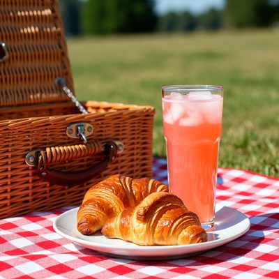 Picnic Basket with Croissants and Pink Lemonade