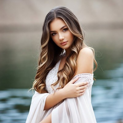 Woman in white dress by lake