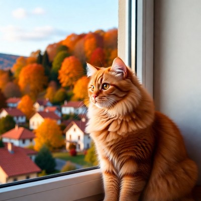 Orange Cat Looking Out Window at Autumn Landscape