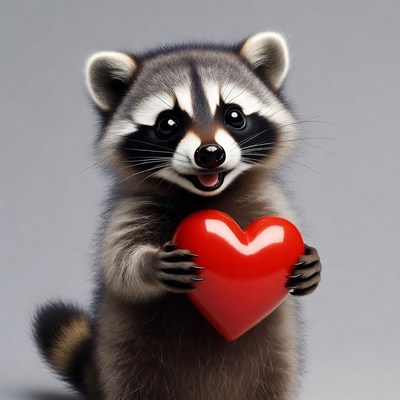 Cute raccoon holding red heart