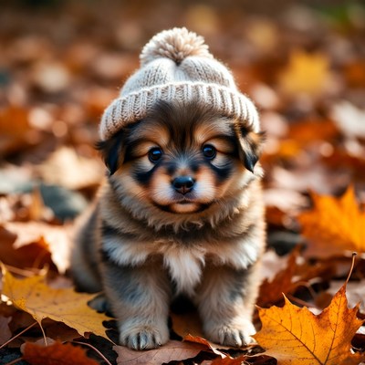 Puppy Wearing Beanie in Autumn Leaves