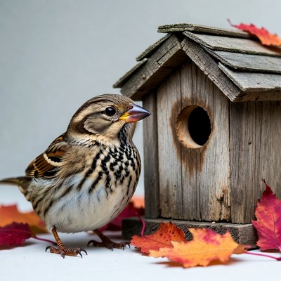 Sparrow beside wooden birdhouse