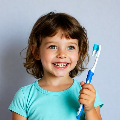 Girl holding blue toothbrush smiling