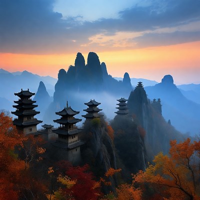 Pagodas on Autumn Mountains at Sunset