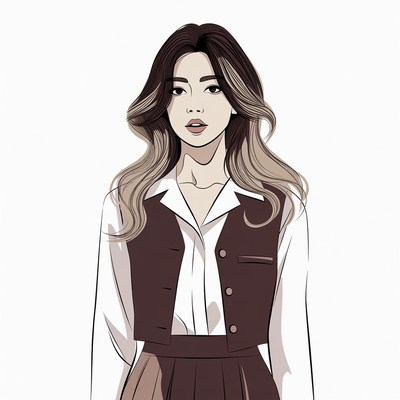 Asian woman in white shirt brown vest skirt