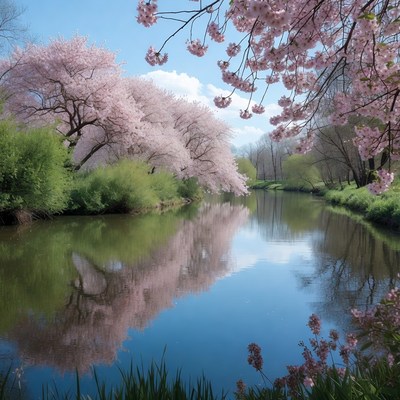 Cherry Blossoms Over Calm River