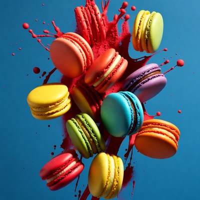 Colorful Macarons Exploding on Blue Background
