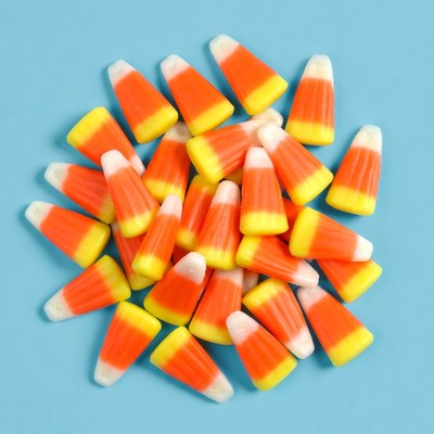 Candy corn pile on blue background