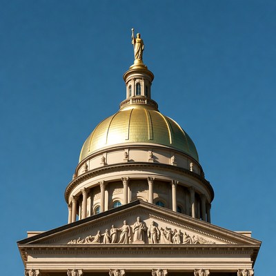 Golden domed capitol building with Statue of Liberty