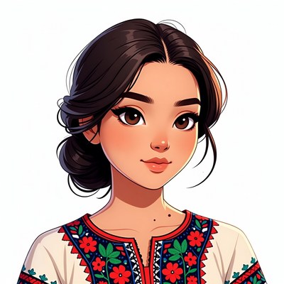 Asian woman in embroidered blouse