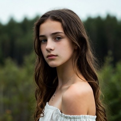 Teen girl in off-shoulder top forest