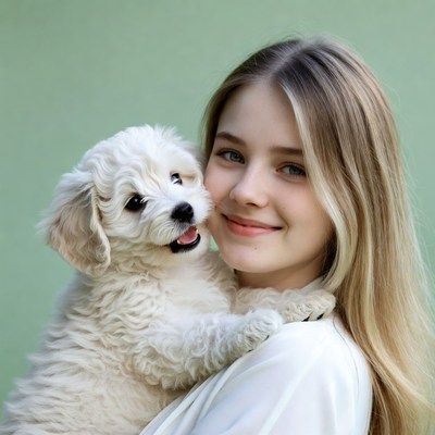 Girl holding cute white puppy