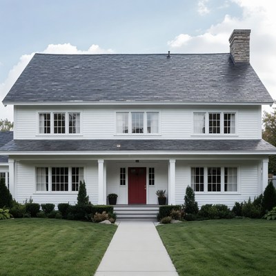 White farmhouse with red door