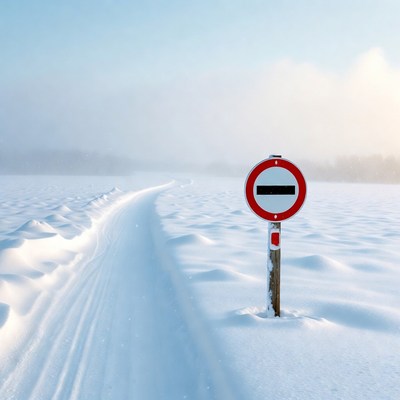 No Entry Sign on Snowy Path