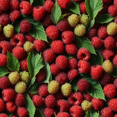 Fresh Red and Golden Raspberries with Leaves