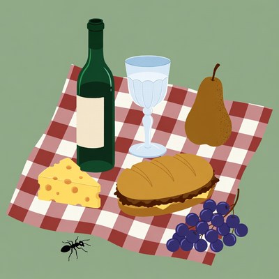 Picnic Basket with Wine Cheese Baguette