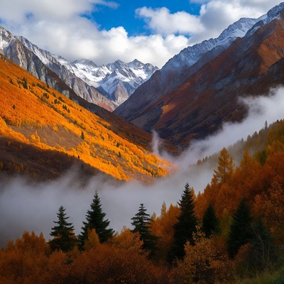 Autumn Valley with Snowy Mountains