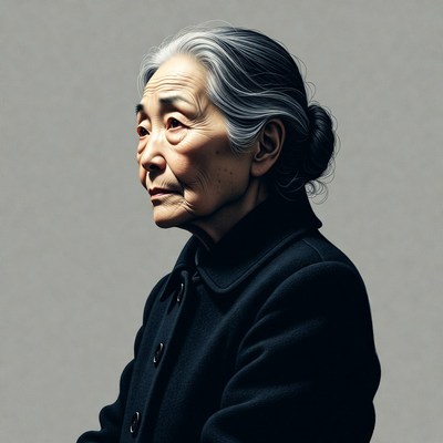 Elderly Asian woman in black coat
