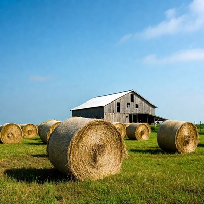 Hay Bales in Front of Barn