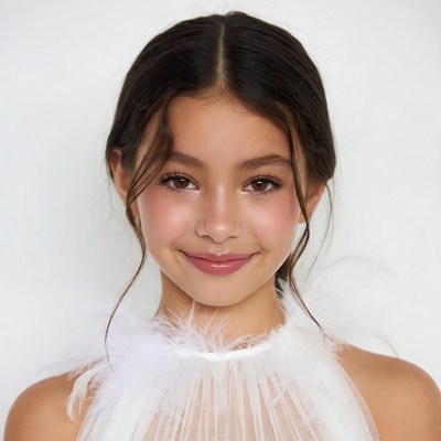 Young girl in white feathered dress