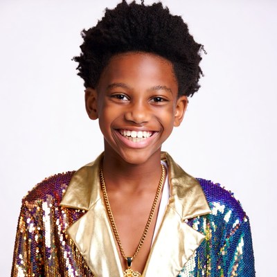 Smiling Black boy in sequin jacket