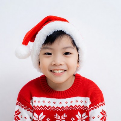 Asian boy in Santa hat smiling