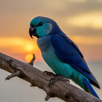 Blue Quaker Parrot on Branch at Sunset