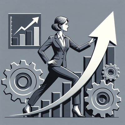 Businesswoman pushing upward arrow graph