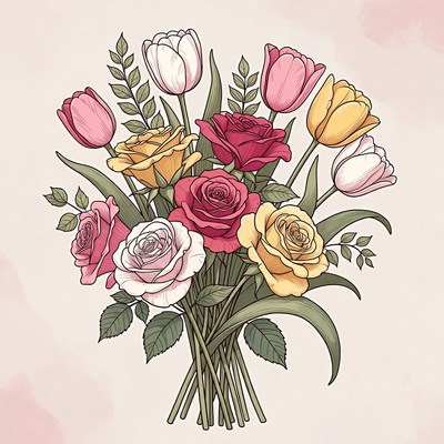 Colorful Tulips and Roses Bouquet Illustration