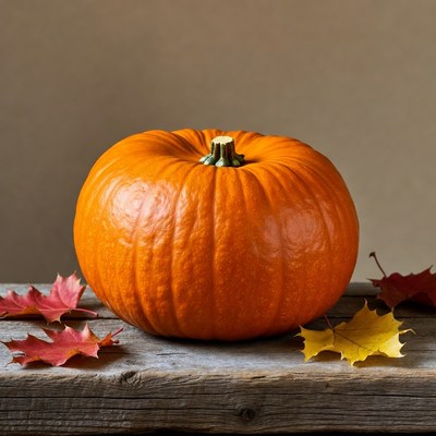 Pumpkin with autumn leaves on wood
